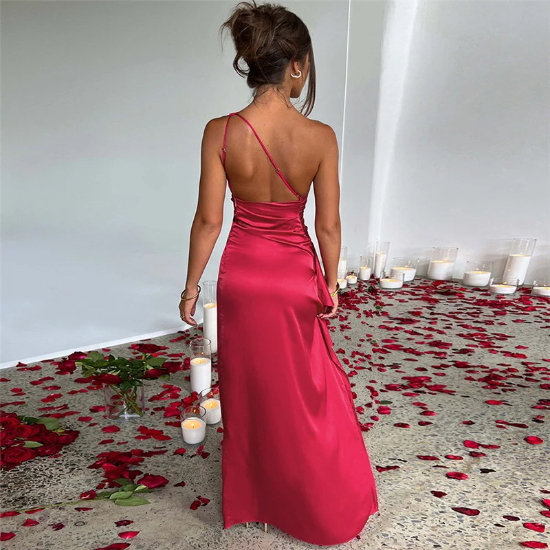 One Shoulder Ruched Satin Bias Drape High Split Bodycon Maxi Gown