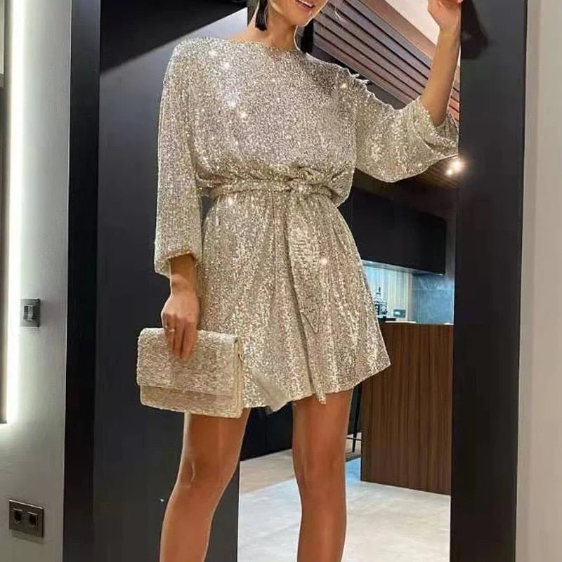 Sequin Boat Neck Long Sleeve Shift Mini Dress
