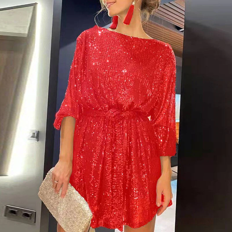 Sequin Boat Neck Long Sleeve Shift Mini Dress