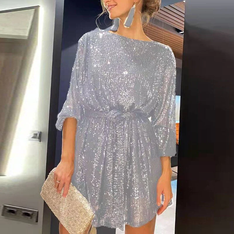 Sequin Boat Neck Long Sleeve Shift Mini Dress