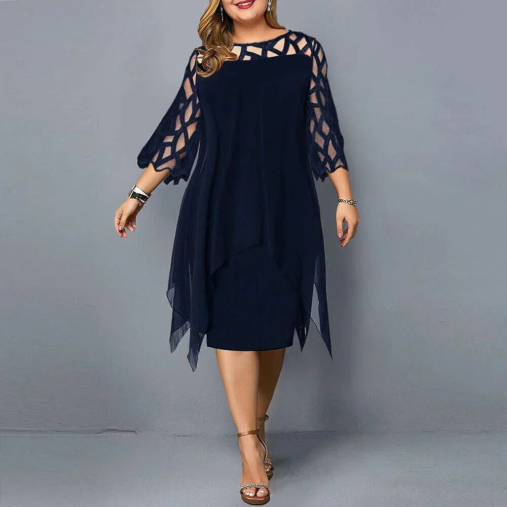 Round Neck Lace Sleeve Chiffon Overlay Sheath Midi Dress