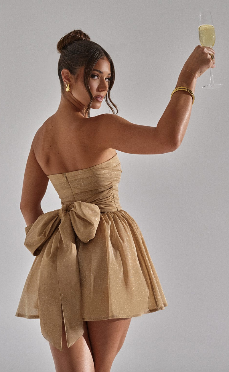 Glitter Strapless Ruched Tulle Fit and Flare Mini Dress