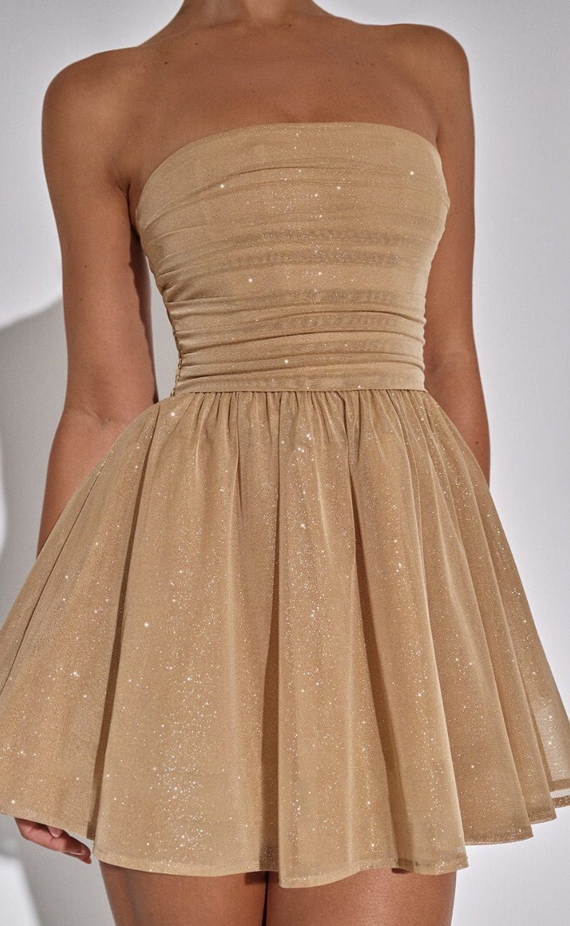 Glitter Strapless Ruched Tulle Fit and Flare Mini Dress