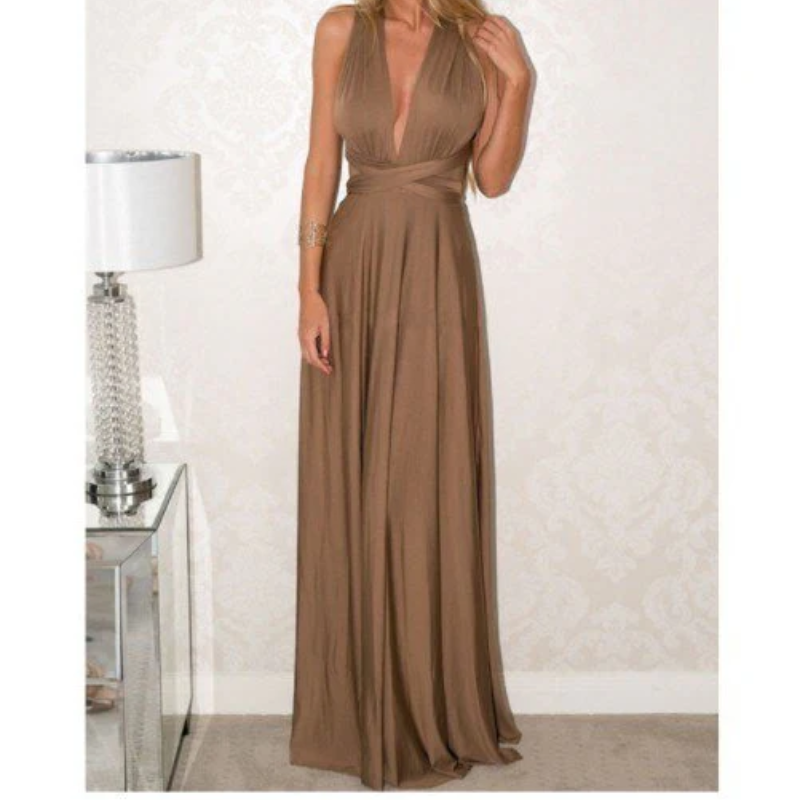 V-Neck Cross Back Ruched Waist Flowy Maxi Dress
