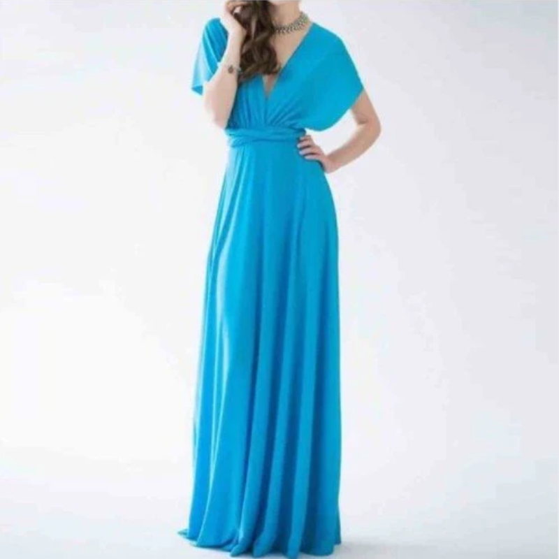 V-Neck Cross Back Ruched Waist Flowy Maxi Dress