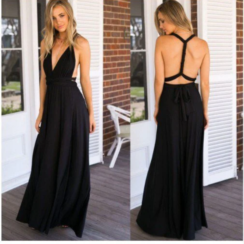 V-Neck Cross Back Ruched Waist Flowy Maxi Dress