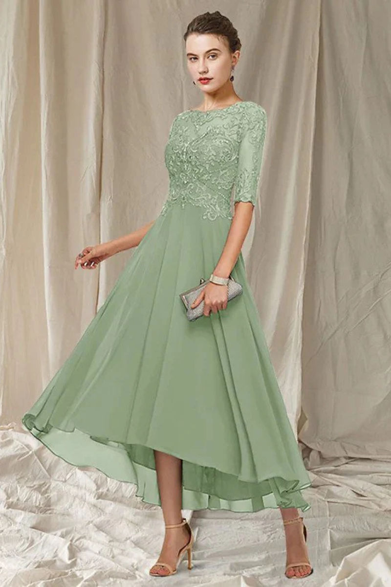 Lace Round Neck Half Sleeve Chiffon High Low A-Line Midi Dress