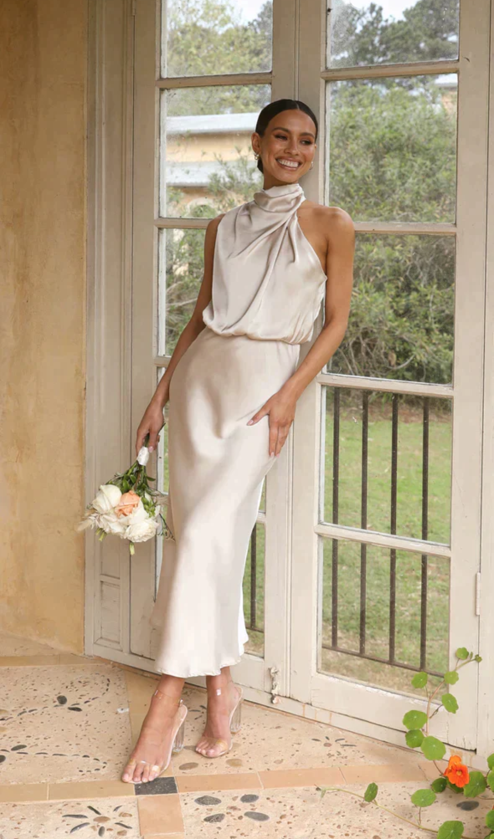 Satin Halter Neck Draped Bias-Cut Slip Midi Dress