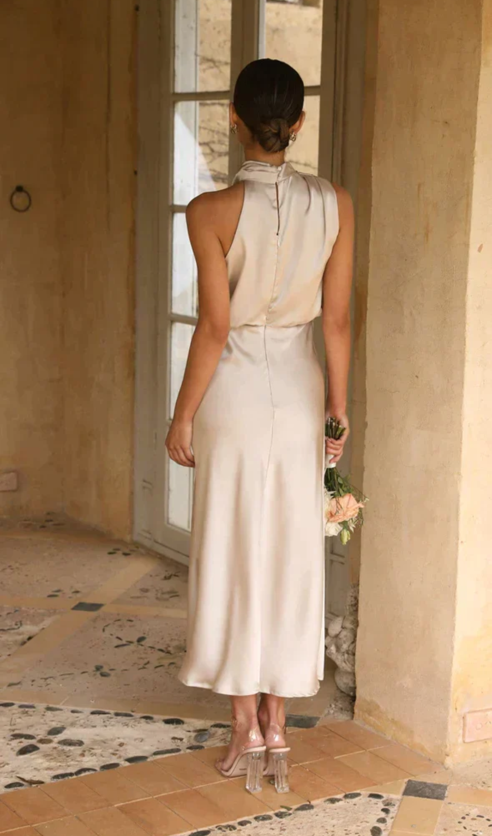 Satin Halter Neck Draped Bias-Cut Slip Midi Dress