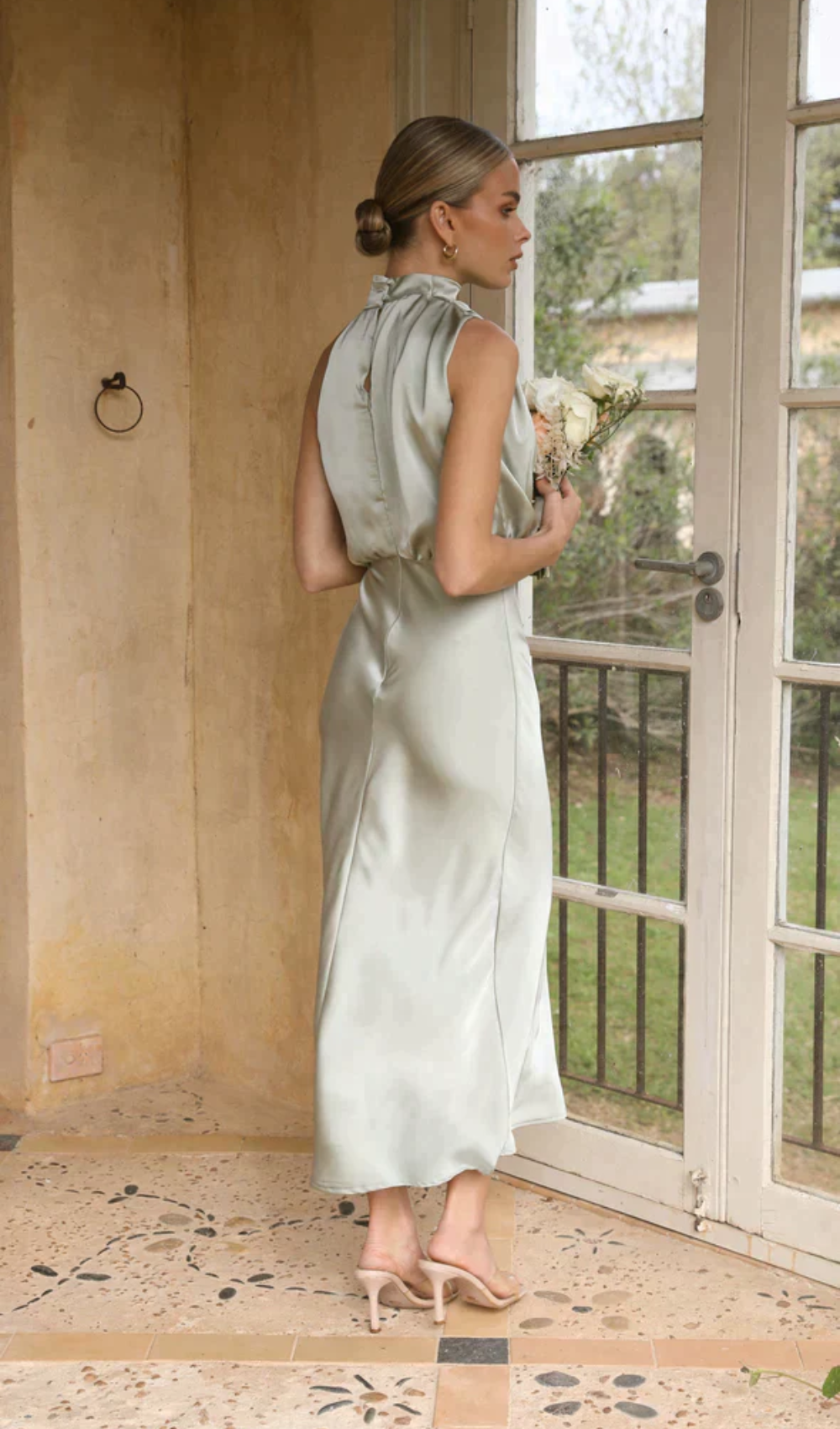 Satin Halter Neck Draped Bias-Cut Slip Midi Dress