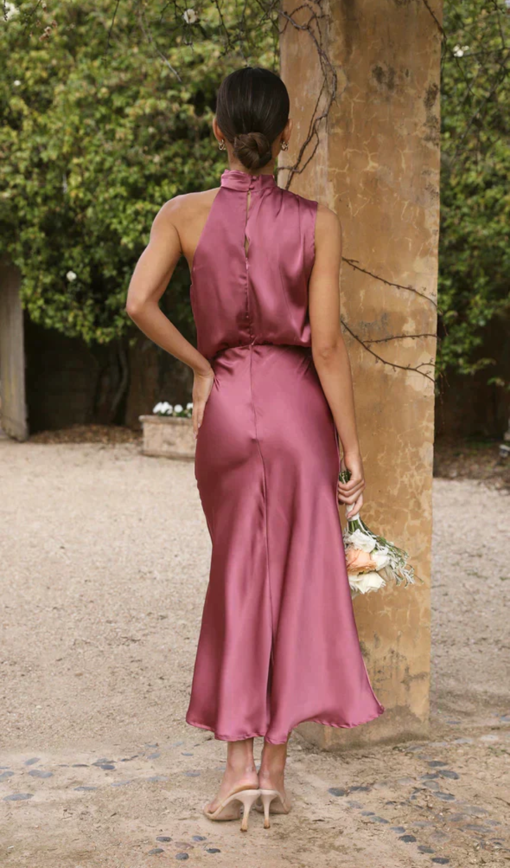 Satin Halter Neck Draped Bias-Cut Slip Midi Dress