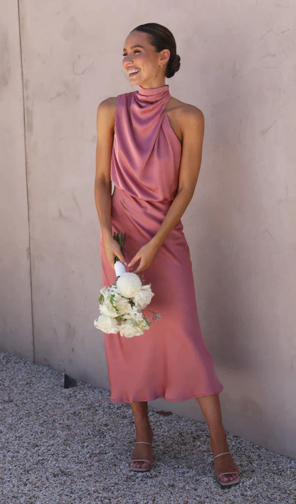 Satin Halter Neck Draped Bias-Cut Slip Midi Dress