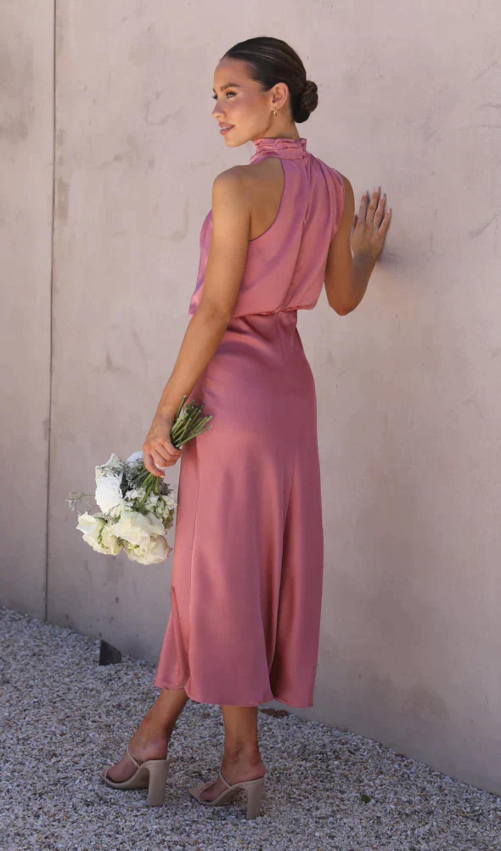 Satin Halter Neck Draped Bias-Cut Slip Midi Dress