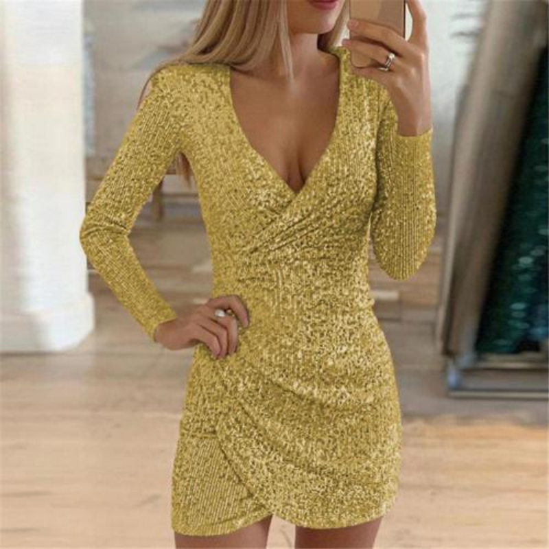 Sequin Deep V-Neck Long Sleeve Cold Shoulder Wrap Mini Dress