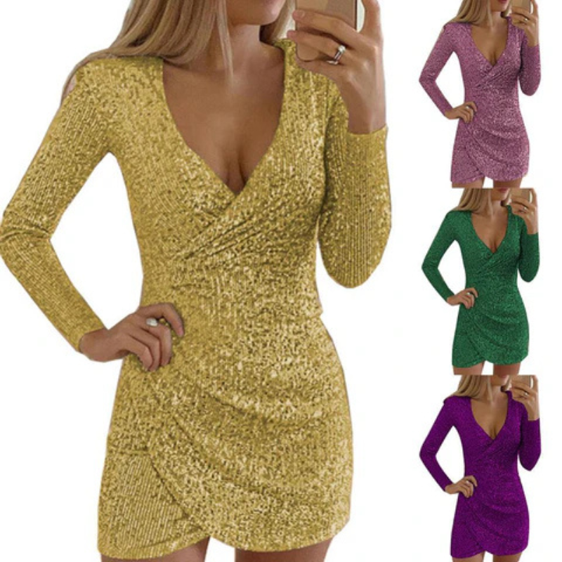 Sequin Deep V-Neck Long Sleeve Cold Shoulder Wrap Mini Dress