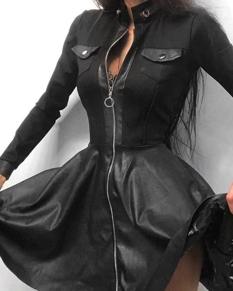 Mock Neck Long Sleeve Front Zip Faux Leather Skater Mini Party Dress