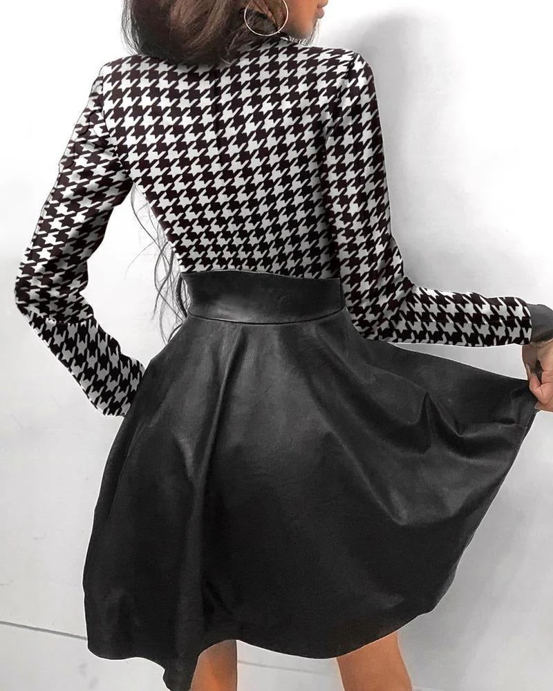 Mock Neck Long Sleeve Front Zip Faux Leather Skater Mini Party Dress