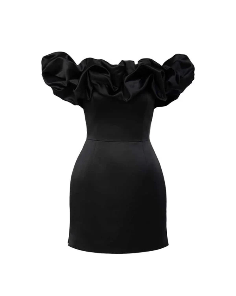 Satin Off Shoulder Ruffle Sweetheart Ruched Bodycon Mini Dress