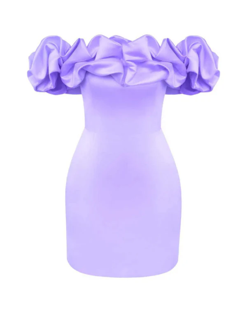 Satin Off Shoulder Ruffle Sweetheart Ruched Bodycon Mini Dress