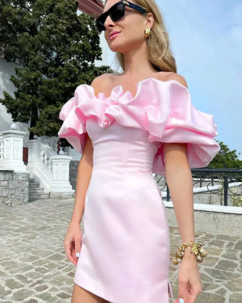 Satin Off Shoulder Ruffle Sweetheart Ruched Bodycon Mini Dress