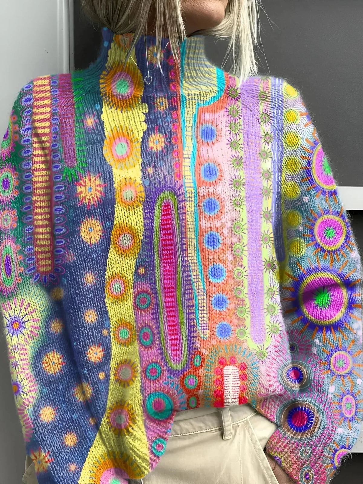 Turtleneck Long Sleeve Abstract Floral Print Knit Sweater