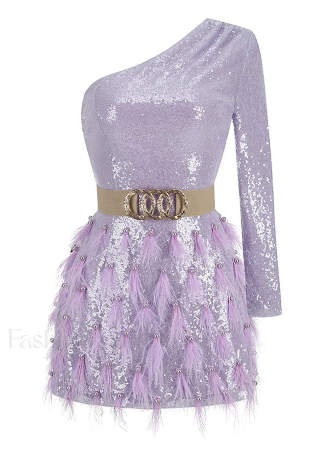 Daria One Shoulder Charming Sequin Feather Dress