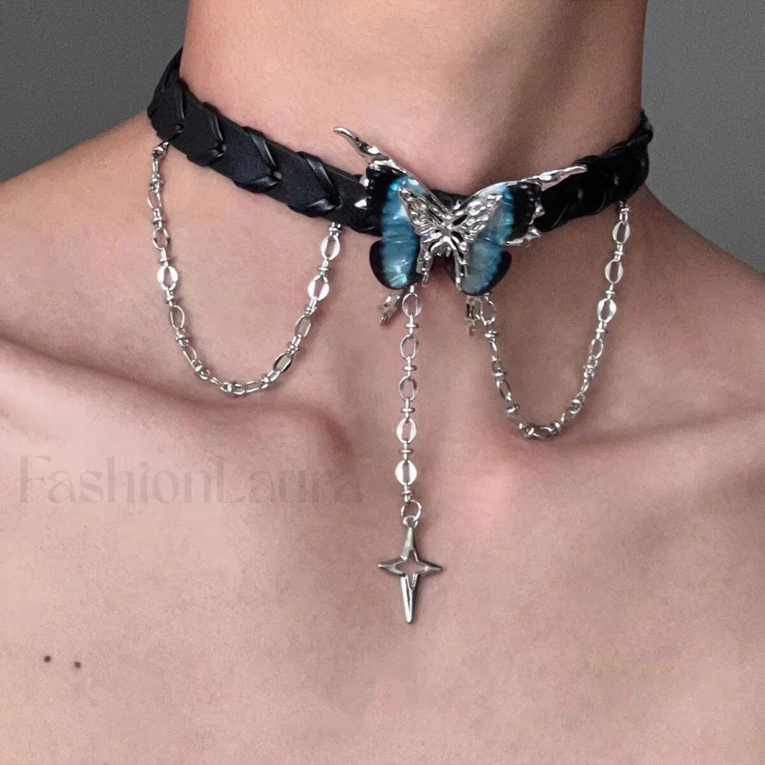 Dark Black Star Leather Choker Necklace BLACK