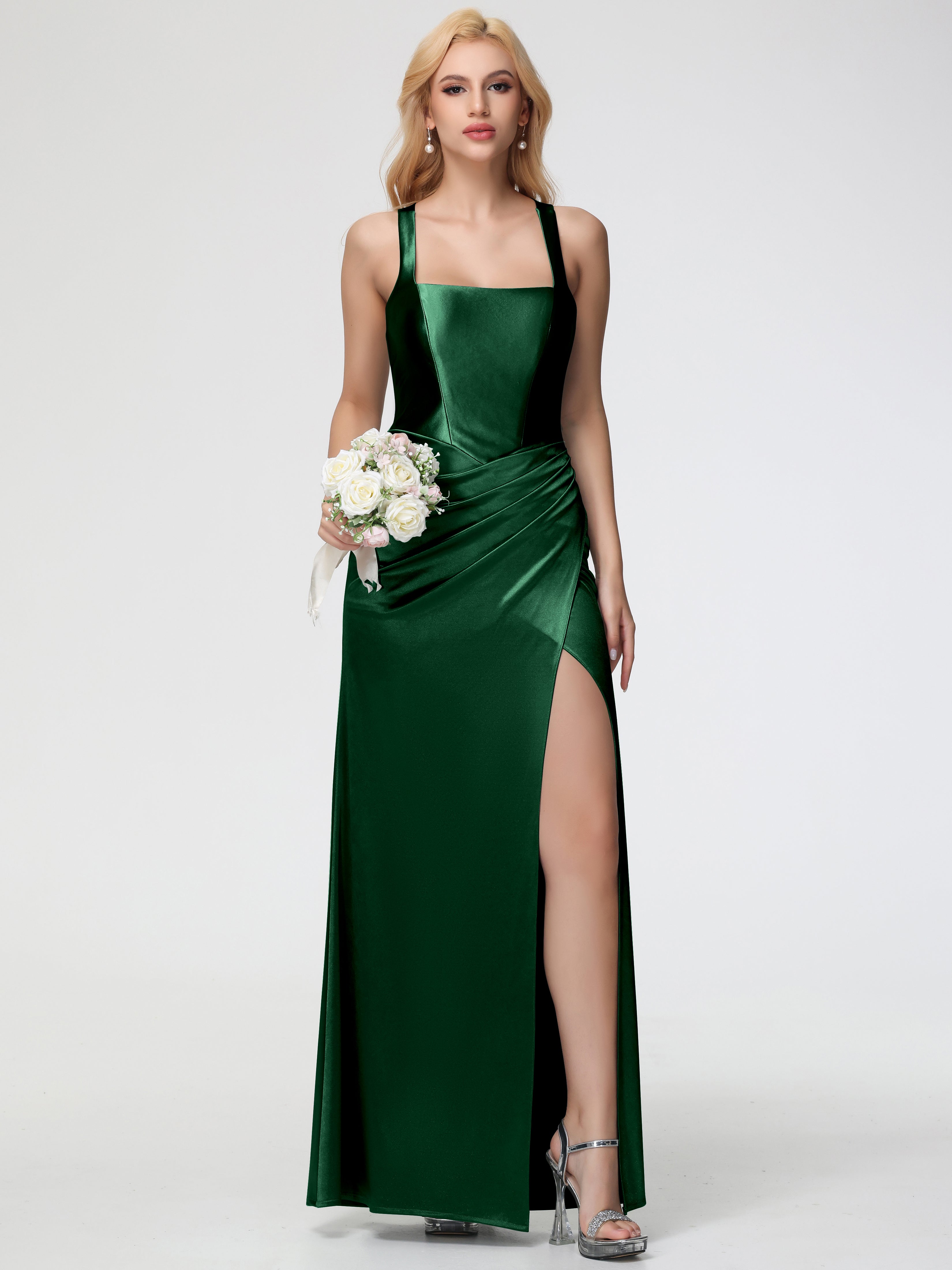 Dark Green Formal Dresses Straps Ruched Floor Length Sheath Formal Dress With Slit
