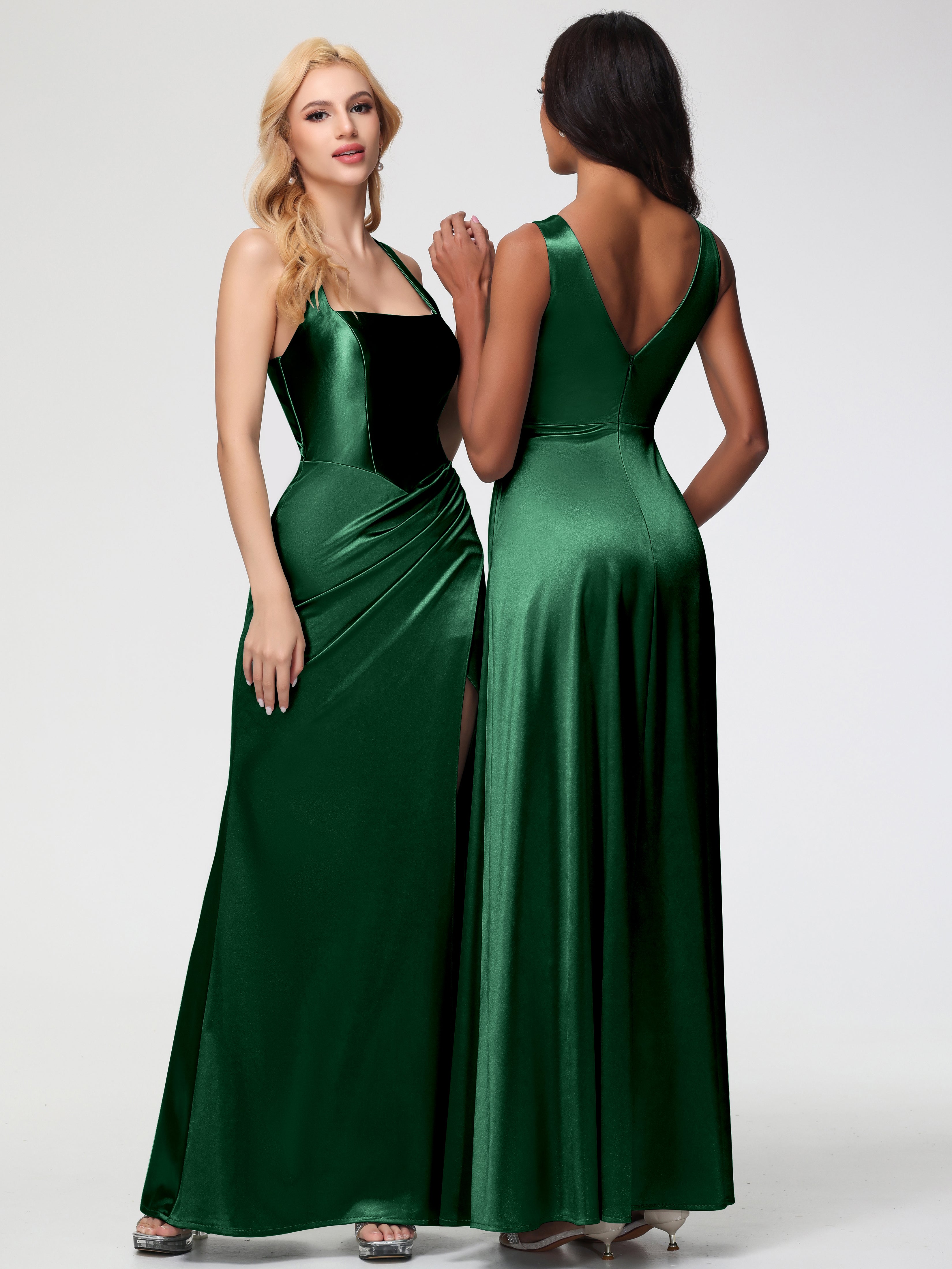 Dark Green Formal Dresses Straps Ruched Floor Length Sheath Formal Dress With Slit
