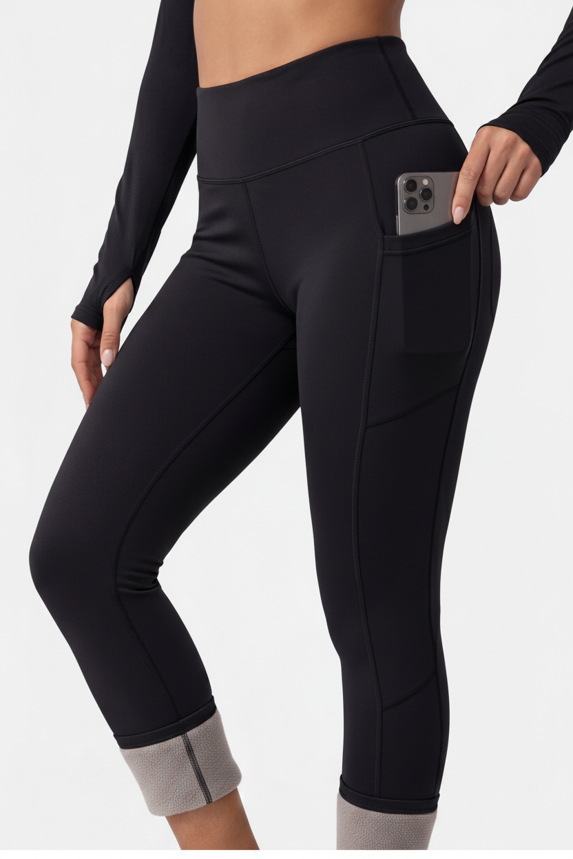 Black Leggings Fleece-Lined High-Waisted With Pockets For Cold Weather Comfort Everyday - Jamota
