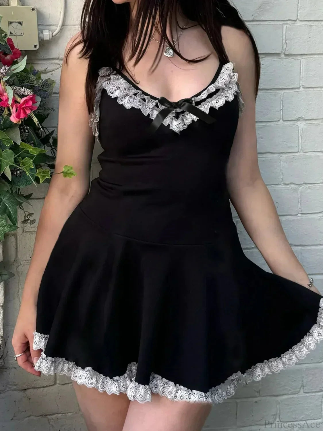 Spaghetti Strap Lace Trim Bow Neck Ruffle Hem A-Line Mini Dress