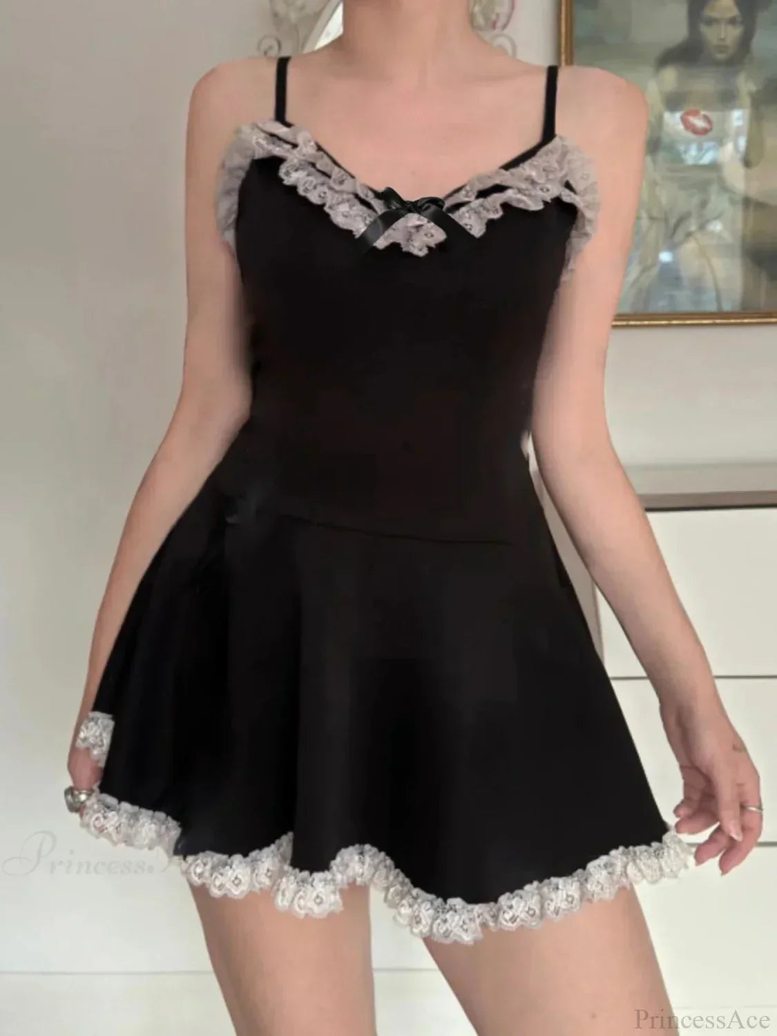 Spaghetti Strap Lace Trim Bow Neck Ruffle Hem A-Line Mini Dress