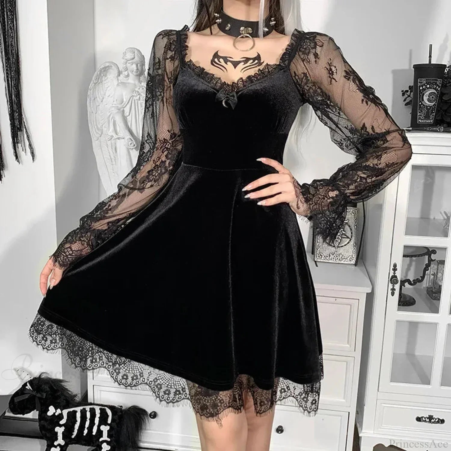Velvet Sweetheart Lace Trim Long Sleeve Lace Hem A-Line Mini Dress