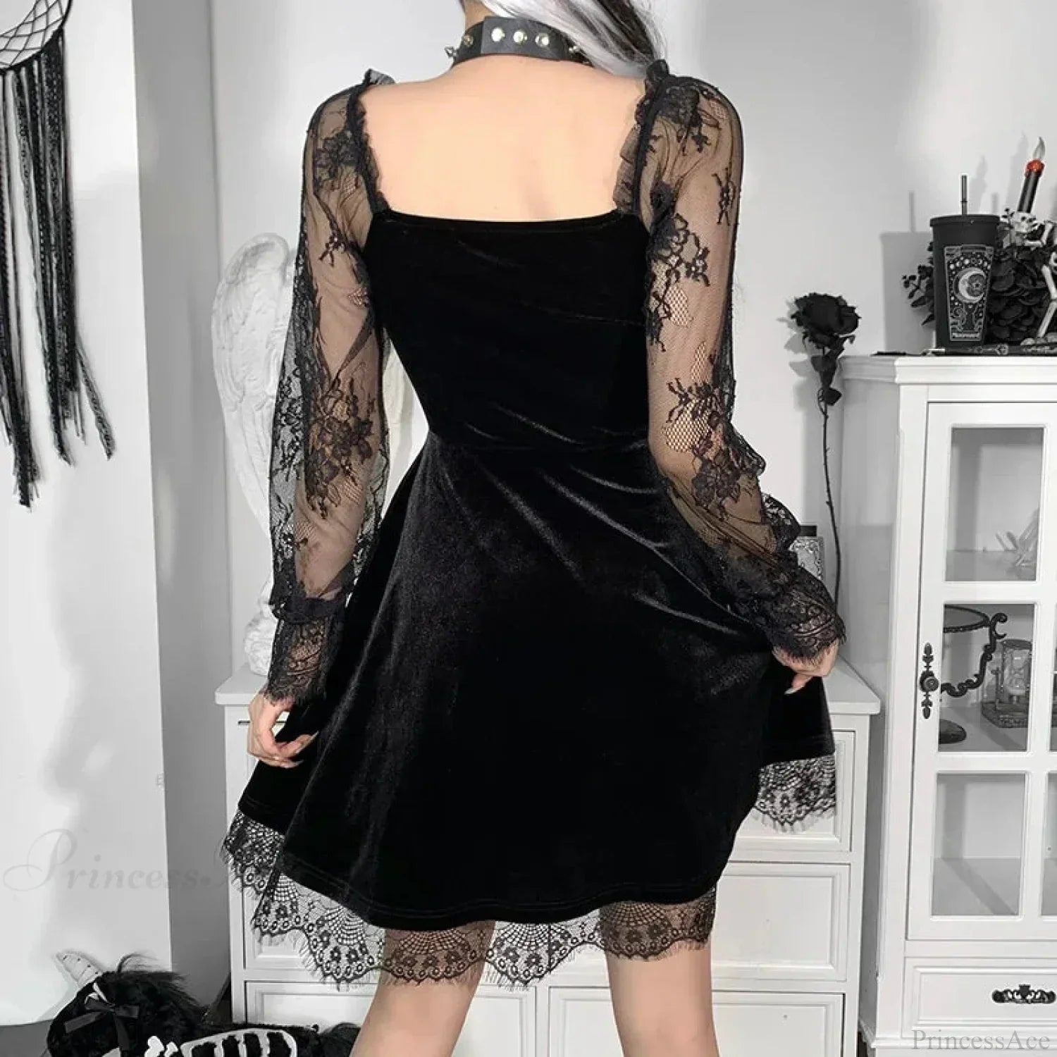 Velvet Sweetheart Lace Trim Long Sleeve Lace Hem A-Line Mini Dress