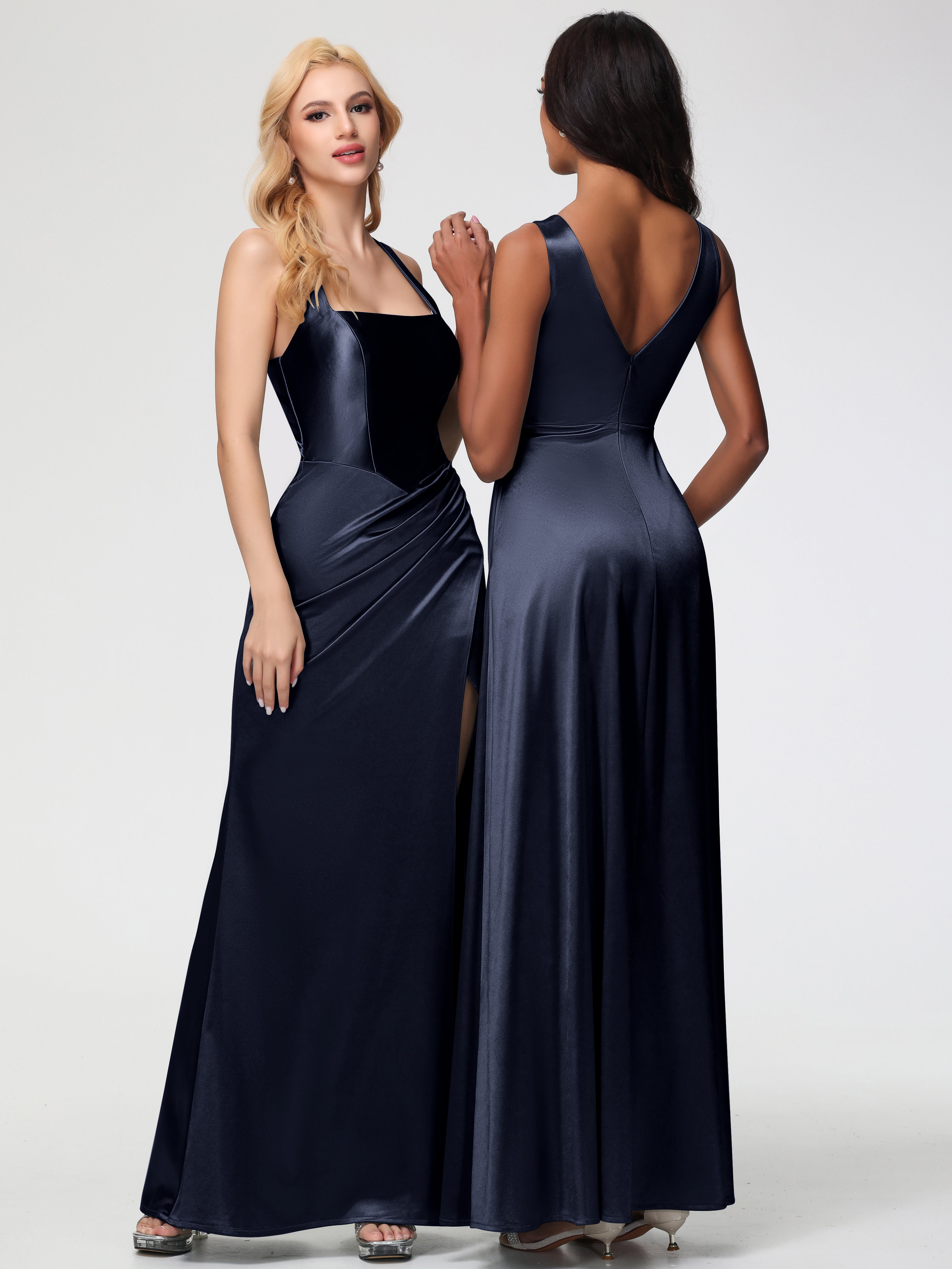 Dark Navy Formal Dresses Straps Ruched Floor Length Sheath Formal Dress With Slit