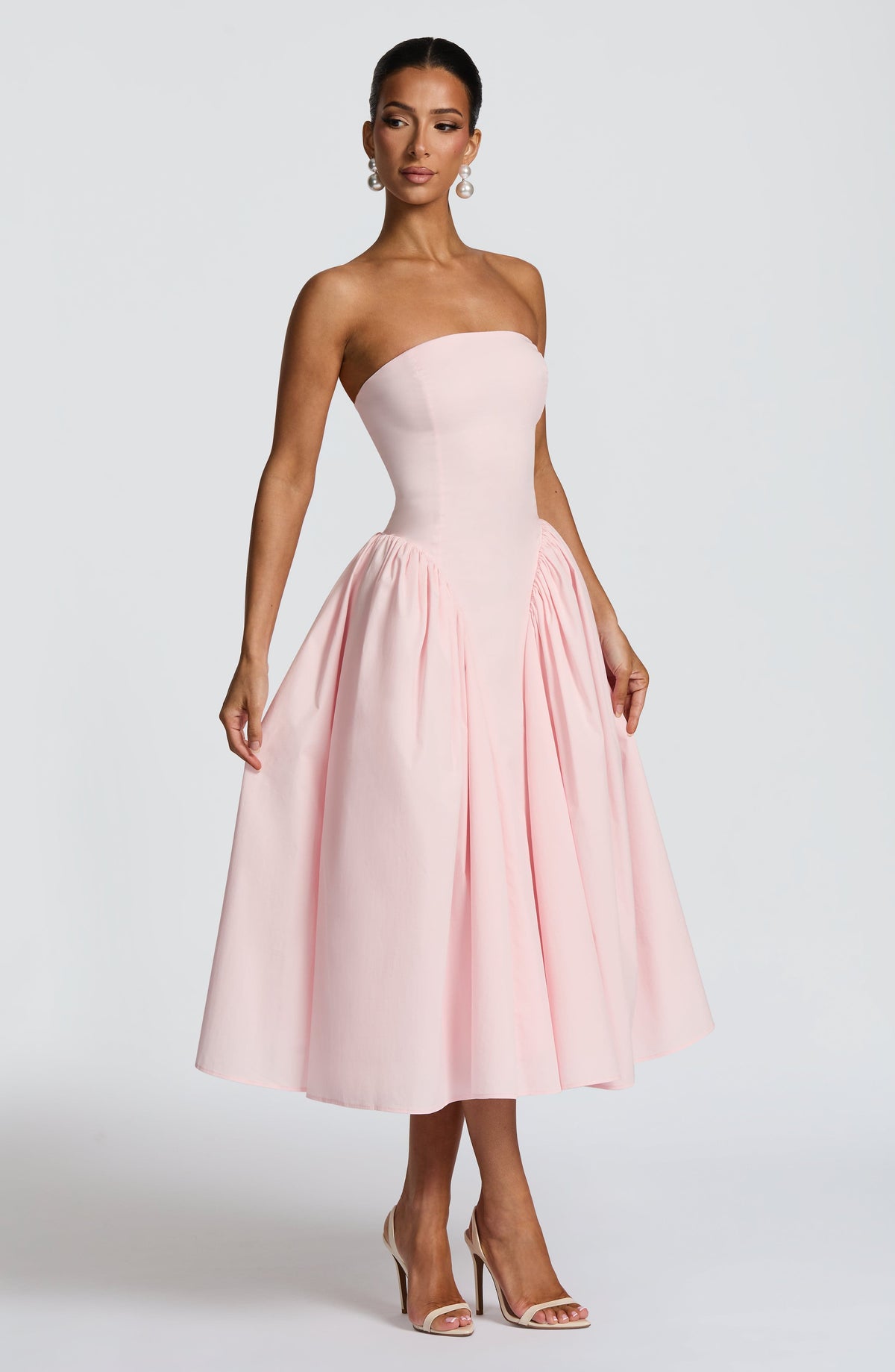 Strapless Fitted Bodice Gathered Side Panel Full Skirt Midi Dress 2