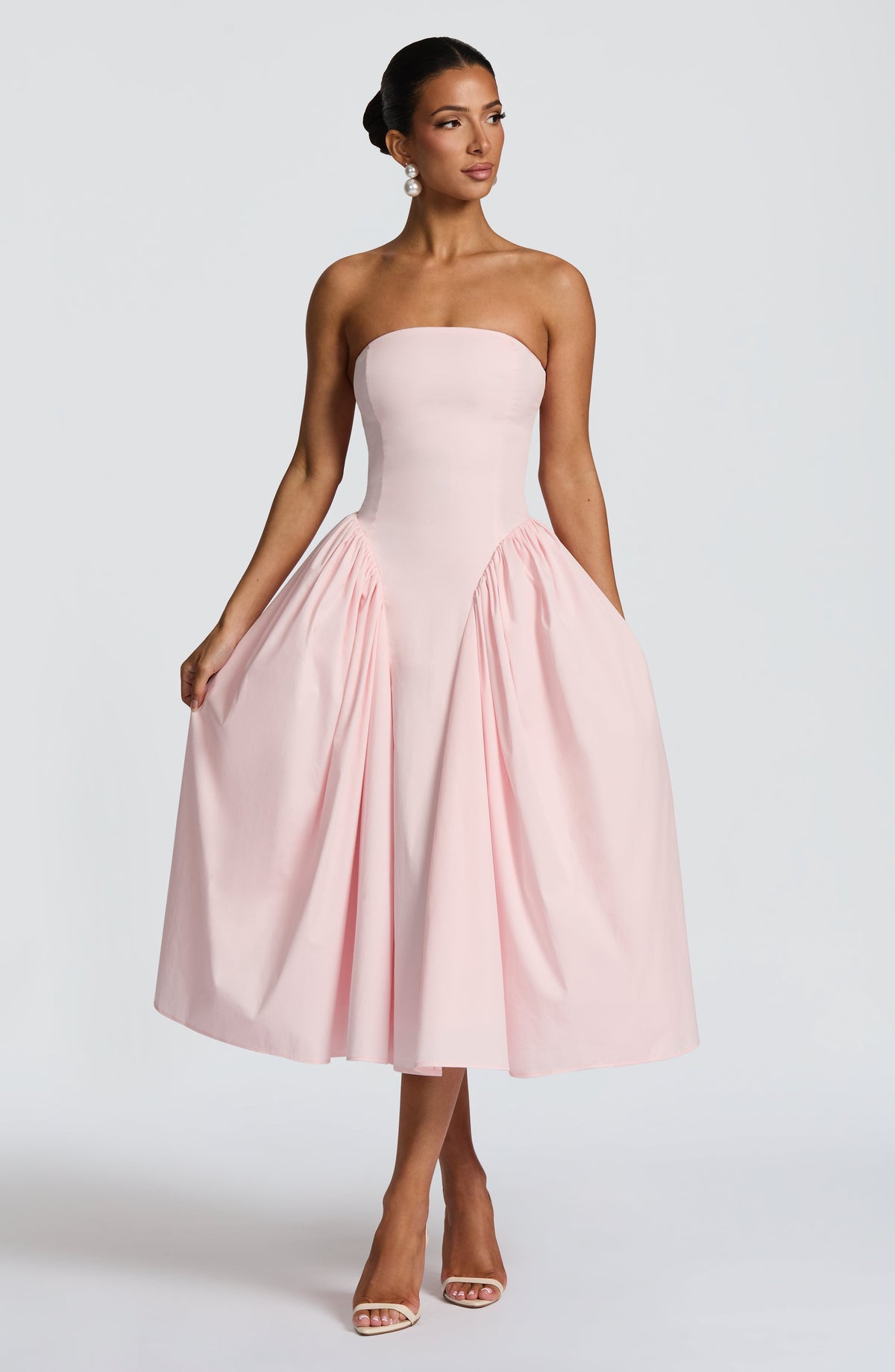 Strapless Fitted Bodice Gathered Side Panel Full Skirt Midi Dress 7