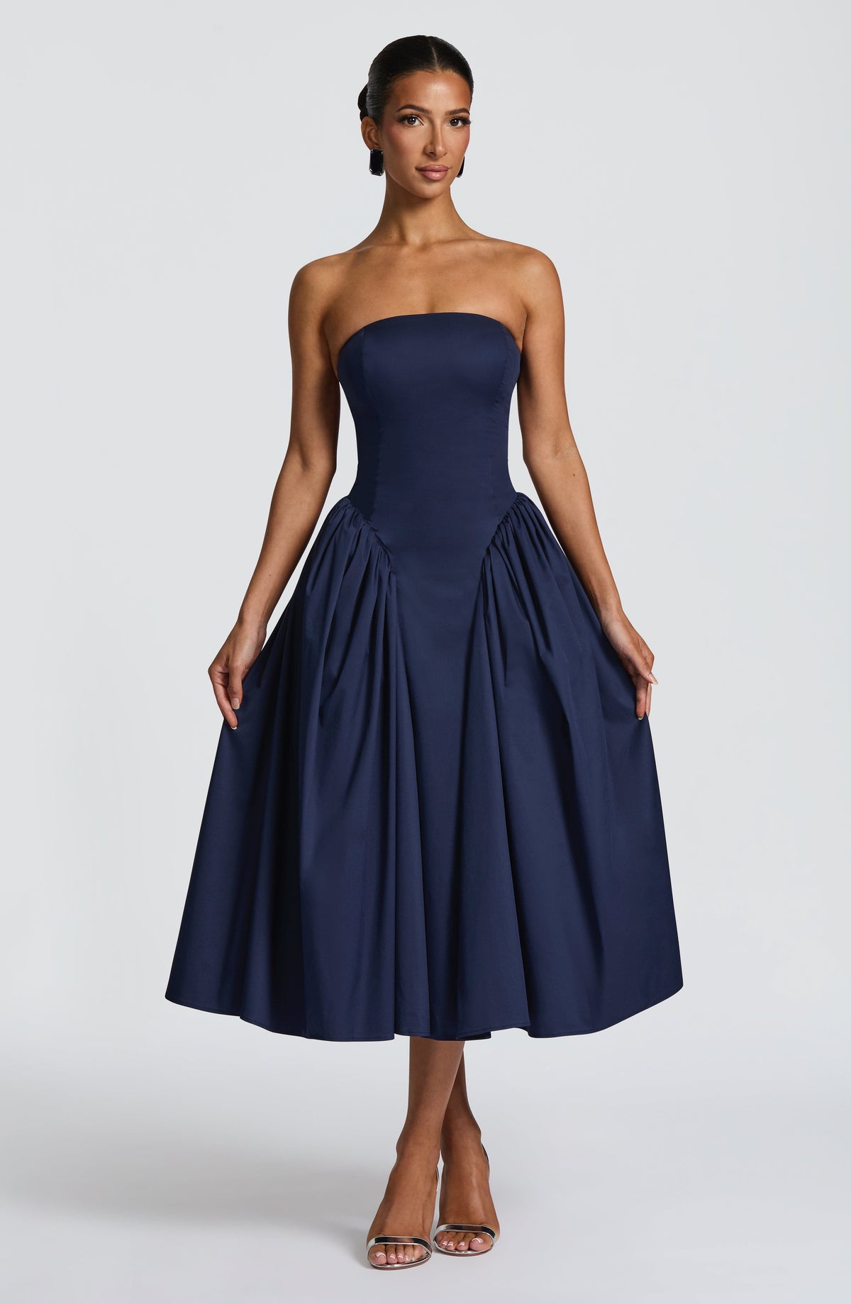 Strapless Basque Waist Gathered Godet Skirt Midi Dress 5