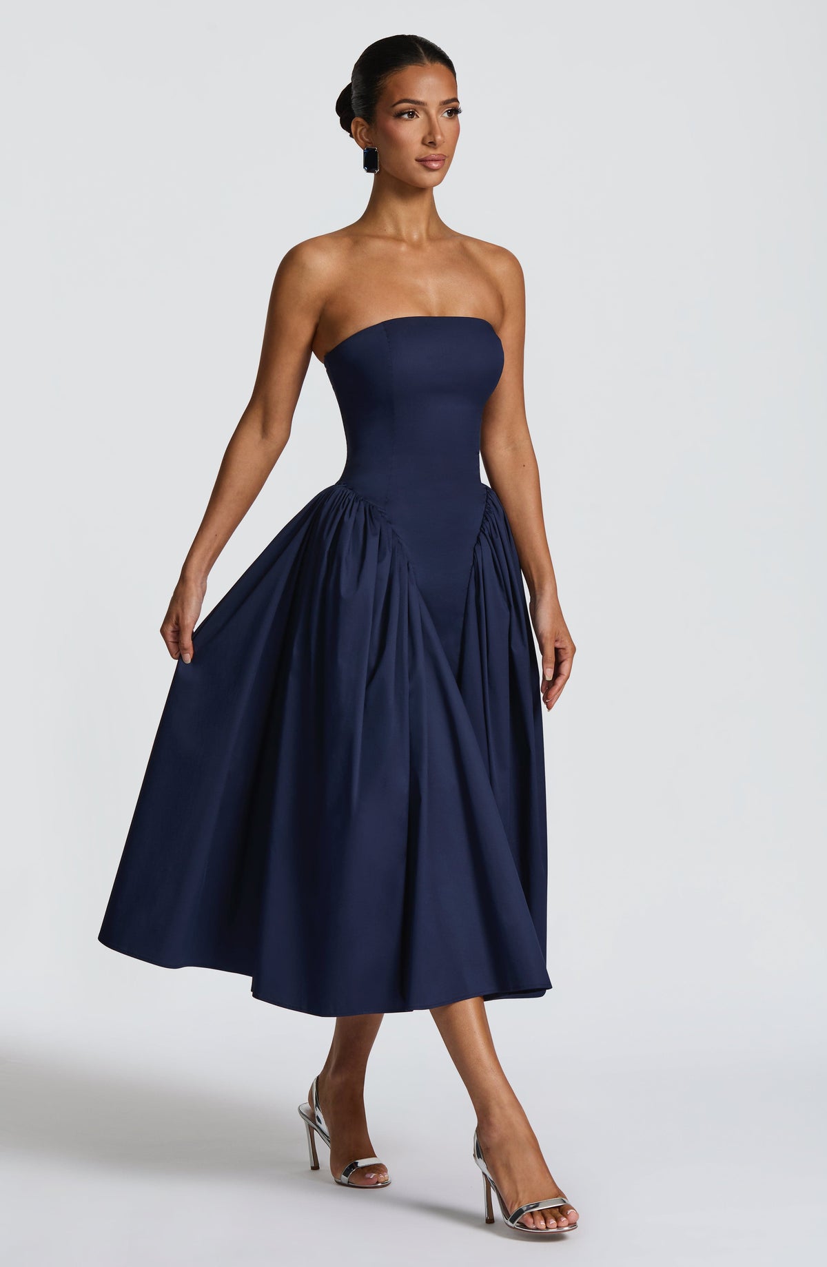Strapless Basque Waist Gathered Godet Skirt Midi Dress 2