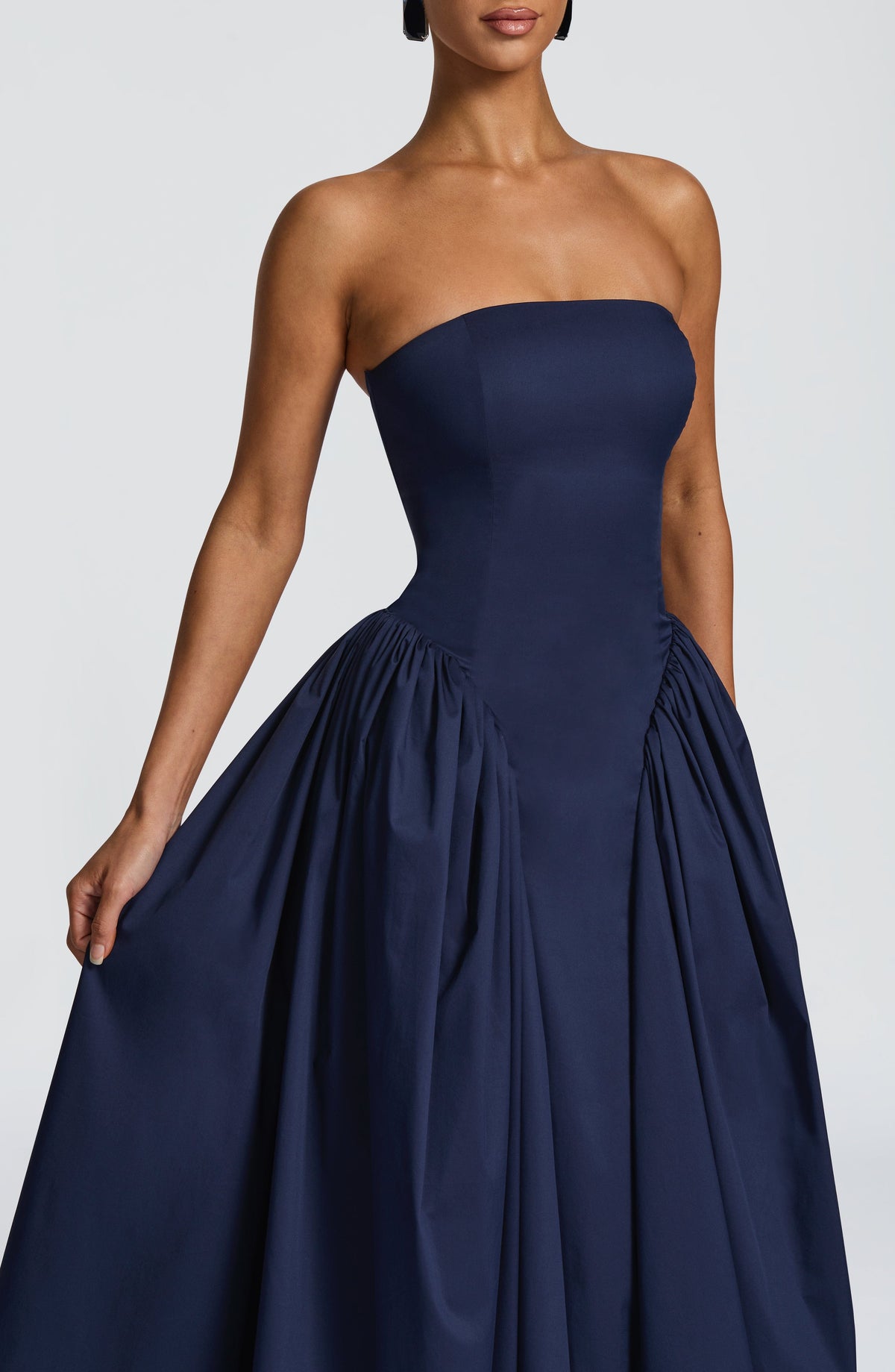 Strapless Basque Waist Gathered Godet Skirt Midi Dress 4