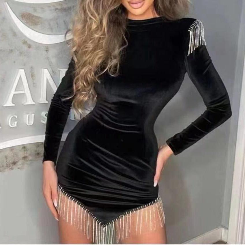 Darylyn Tassel Rhinestone Trim Velvet Dress