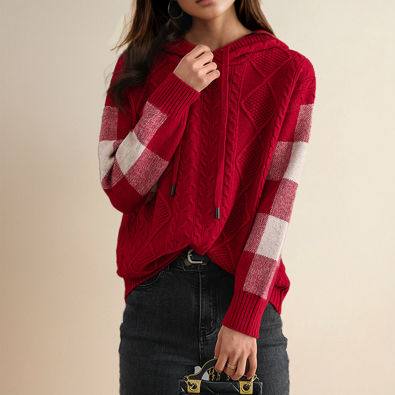 Hooded Cable Knit Drawstring Sweater