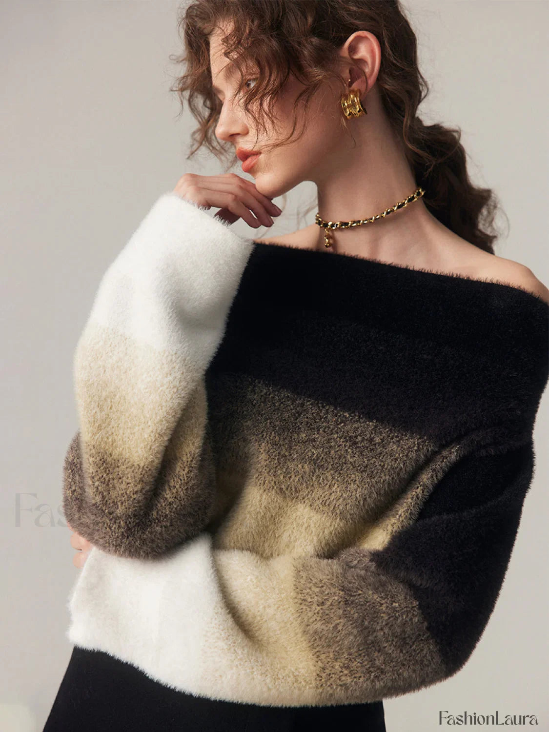 Dawn Ombre Fuzzy Trendy Off Shoulder Crop Sweater