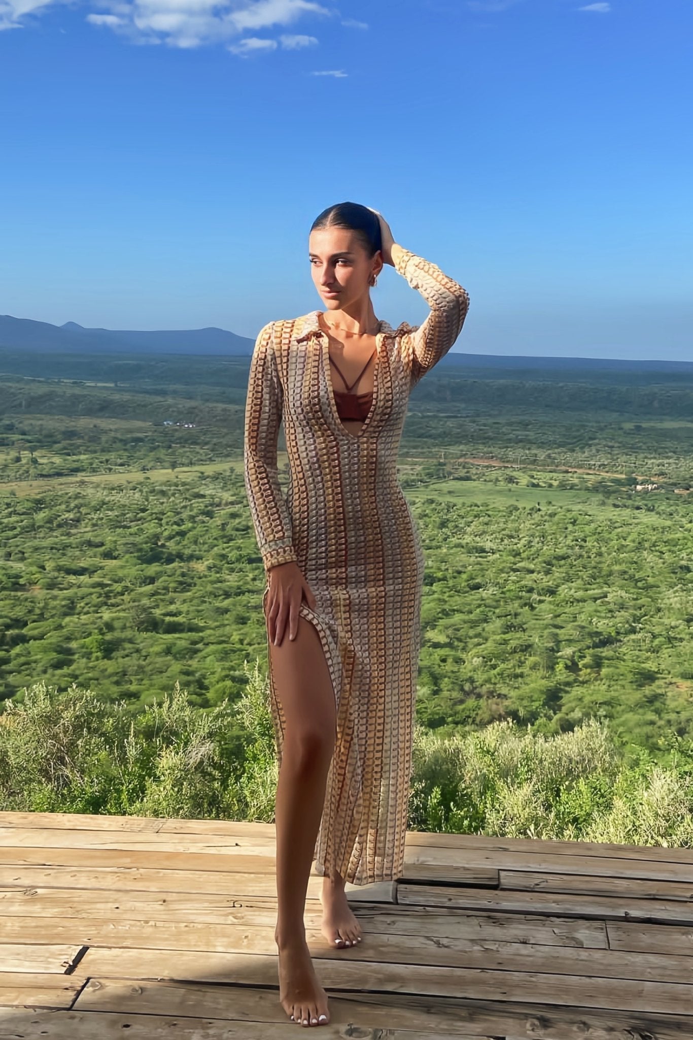 Crochet Collared Deep V-Neck Long Sleeve Open Knit Bodycon Maxi Dress