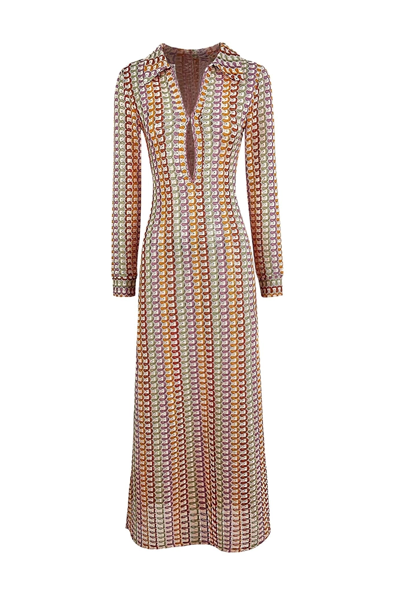 Crochet Collared Deep V-Neck Long Sleeve Open Knit Bodycon Maxi Dress