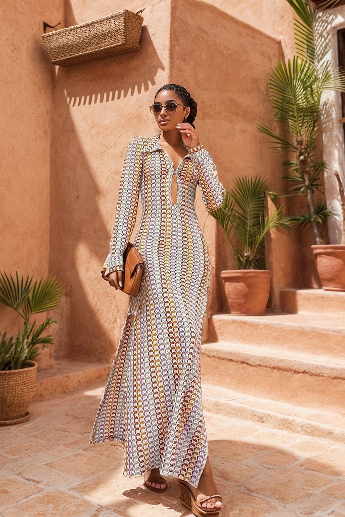 Crochet Collared Deep V-Neck Long Sleeve Open Knit Bodycon Maxi Dress