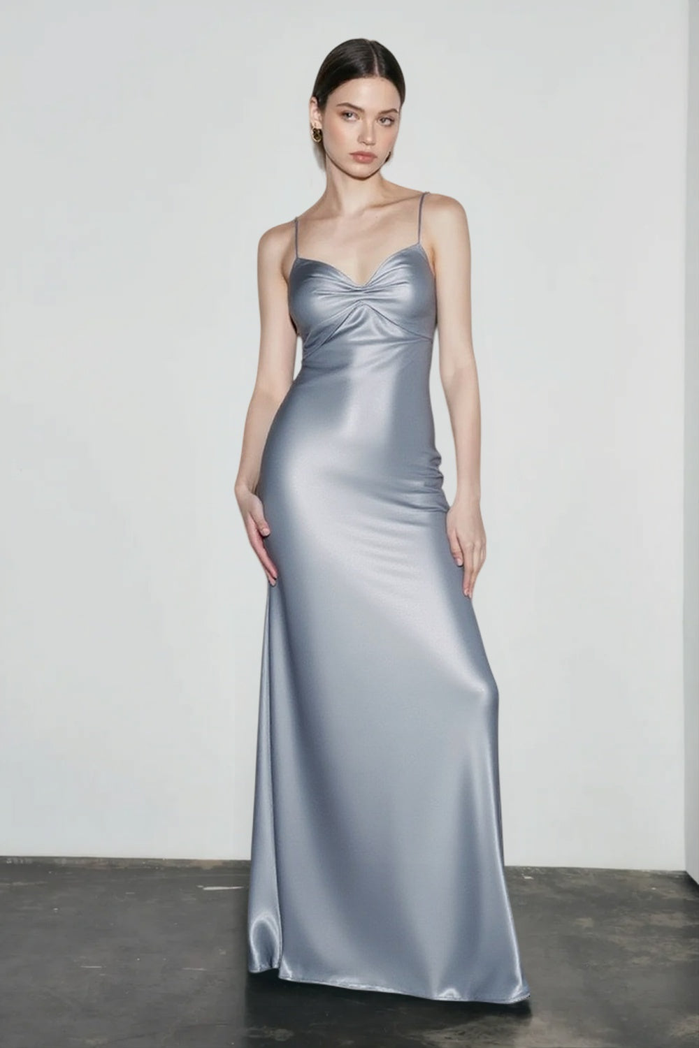 Satin Sweetheart Spaghetti Strap Ruched Bodycon Maxi Dress