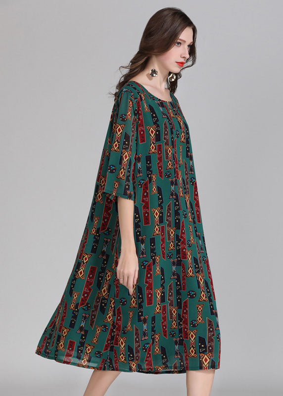 Geometric Tribal Print Round Neck Three Quarter Sleeve A-Line Shift Midi Dress