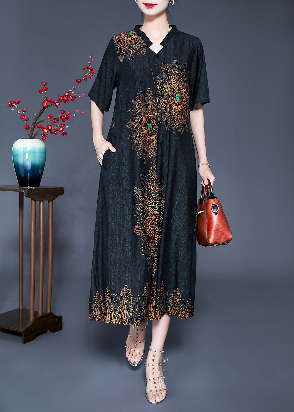 Floral Print Mandarin Collar V-Neck Short Sleeve Pocket A-Line Midi Dress