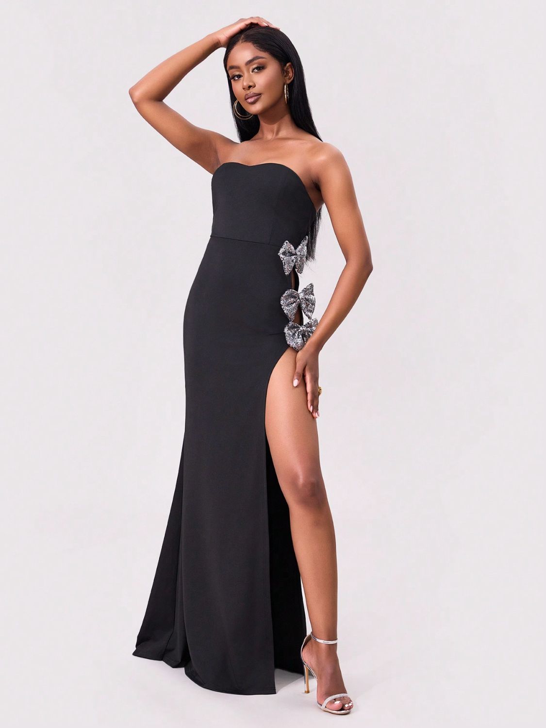 Strapless Rhinestone Bow Cut Out High Split Maxi Dress